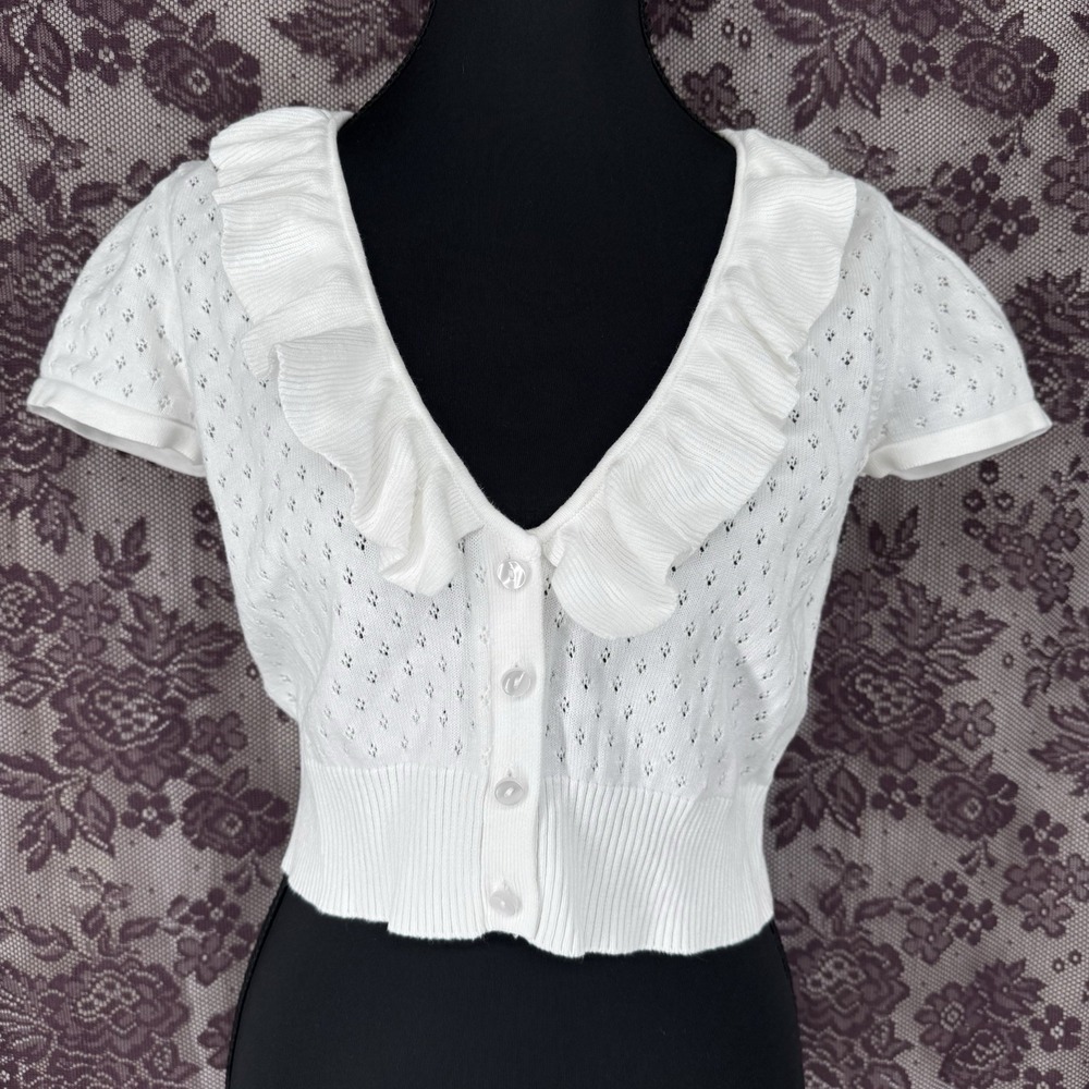 Loft Pointelle Knit Top S Cottage Coquette Dainty Prairie Soft Girl Ruffle White